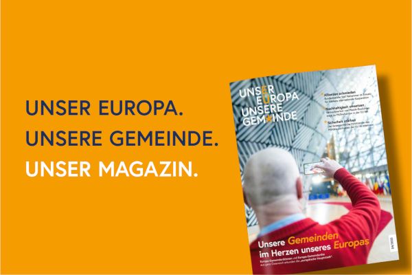 Sujet: ein Cover des EU-Magazins "Unser Europa. Unsere Gemeinde" mit dem Text "Unser Europa. Unsere Gemeinde. Unser Magazin." links daneben