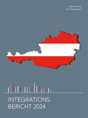 Cover des Integrationsbericht 2024 - zu sehen ist der Umriss von Österreich (in rot-wei-rot), grauer Hintergrund