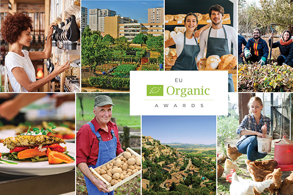 Fotocollage aus Fotos zum Thema Landwirtschaft und Gastronomie, in der Bildmitte steht der Text "EU Organic Awards"